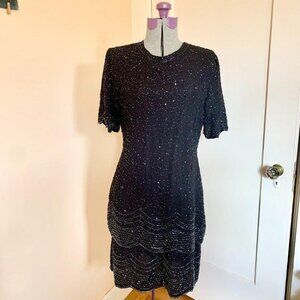 VTG 80s Sz M Beaded Evening Cocktail Dress Black Silk Tiered Skirt Scalloped Hem